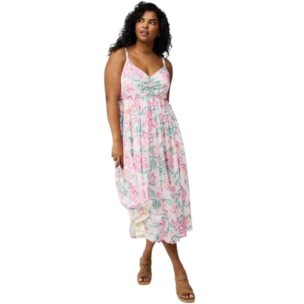 Torrid 3X Pink Floral Midi Tank Dress Pockets Tie-Back Fully Lined NWOT